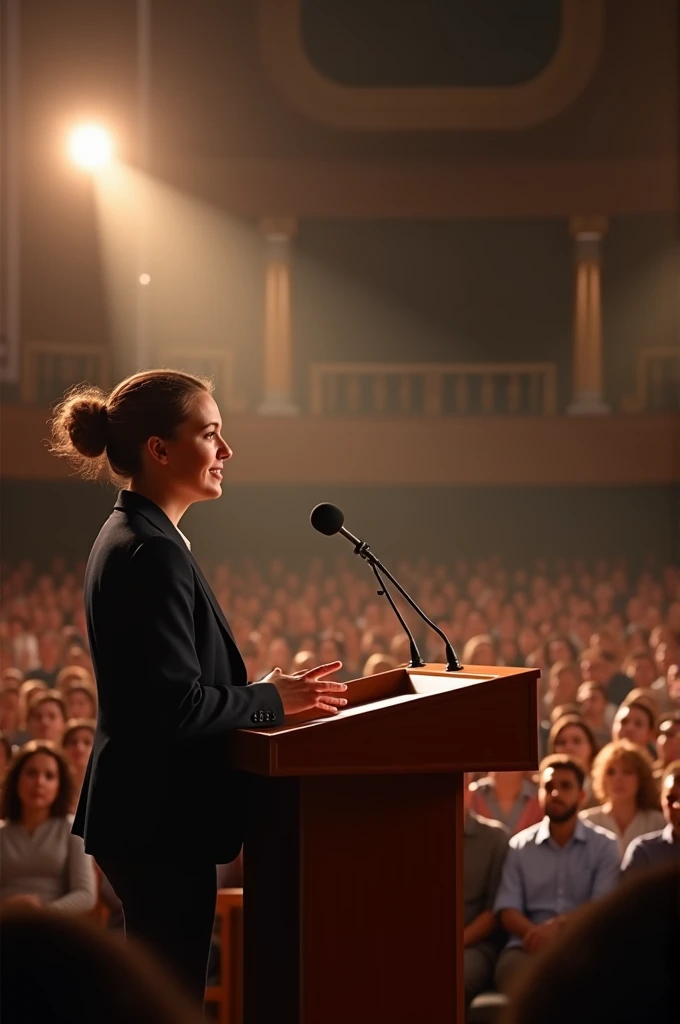Depict Anna standing confidently at a podium, giving a speech to an engaged audience, showcasing her transformation from shyness to public speaking prowess."