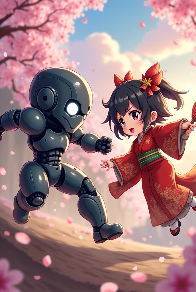 "Illustrate a chibi-style battle scene between a humanoid boy and a girl dressed in traditional Japanese attire. The boy has a robotic appearance, with metallic limbs, glowing eyes, and sleek armor plating. His expression is determined, and he is in a dynamic fighting pose, perhaps mid-jump, with one arm extended as if about to strike. The girl is dressed in a beautifully detailed kimono, with flowing sleeves and a vibrant color palette of reds and golds. Her hair is styled in a traditional manner, and she wields a fan or katana with grace and precision. The background is a stylized battlefield, with cherry blossom petals floating in the air and the hint of a sunset sky. The overall scene is energetic and vibrant, capturing the intensity of the battle while maintaining the cute and exaggerated proportions typical of chibi art."