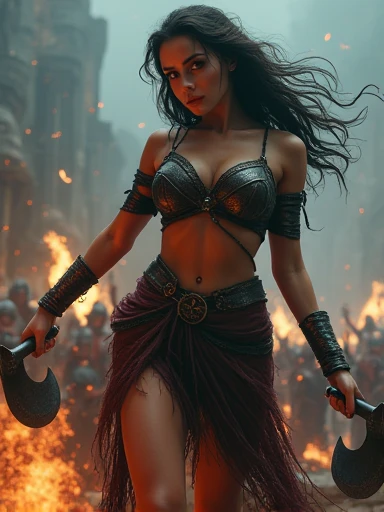 A gorgeous 23-year-old European woman, detailed eyes, detailed lips, long eyelashes, curvy body, cleavage, ancient female berserker, in action, handling axes in both hands, dramatic lighting, spooky battle scenery, fire. Blood splatter .masterpiece, (best quality,4k,8k,highres,masterpiece:1.2),ultra-detailed,(realistic,photorealistic,photo-realistic:1.37),HDR,UHD,studio lighting,ultra-fine painting,sharp focus,physically-based rendering,extreme detail description,professional,vivid colors,bokeh