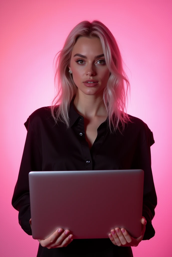 woman, 30 years, holding a laptop in their hands, Anna Nikonova, aka Newmilky, Ava Max, Portrait of Kim Petras, Photo of the model, light gray hair, hair below the shoulders, pink atmosphere, Black blouse, standing straight, looks at the camera