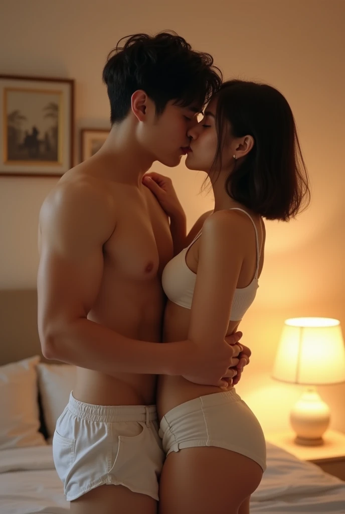  Beautiful and cute Asian women,((perfect anatomy)),French bob hairstyle,Wear a white bra., Wearing white shorts, In the bedroom with my boyfriend kissing. 