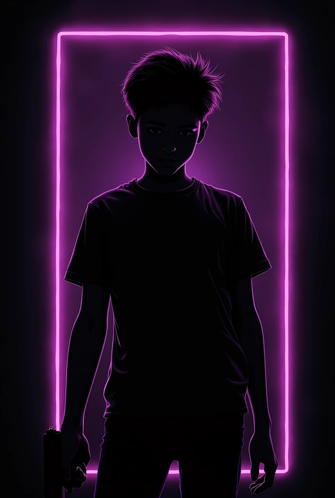 Black and white logo with a purple neon silhouette of a ager with a gun and short hair