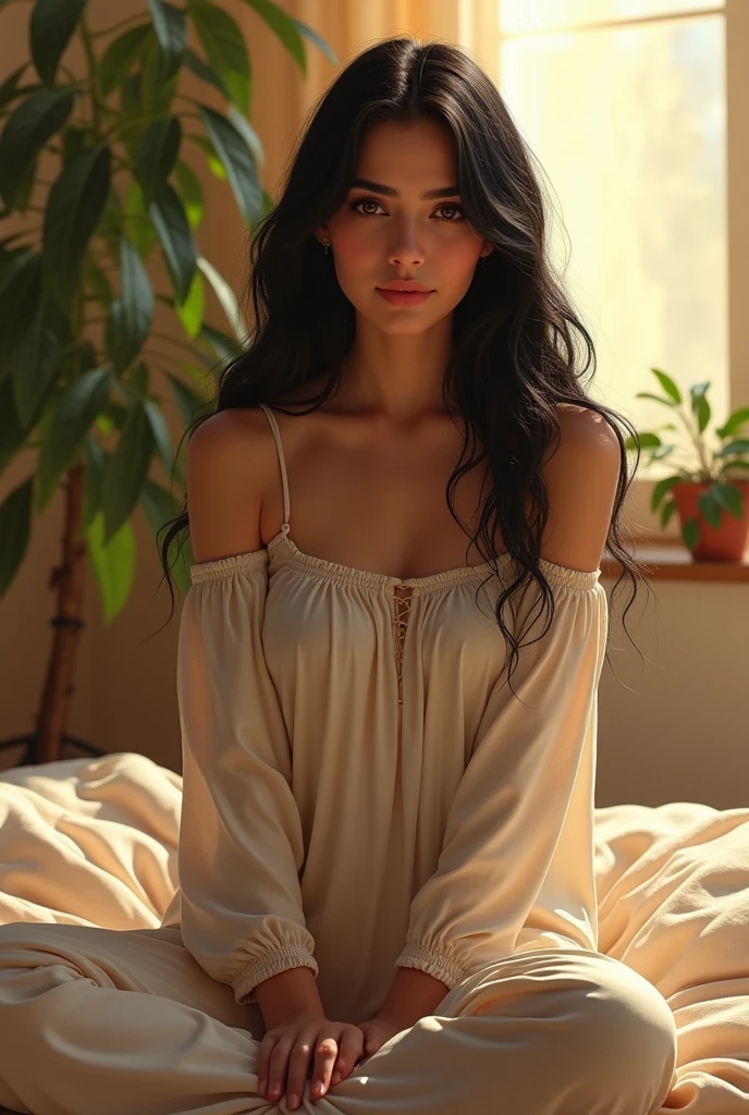 (photorealism:1.2), beautiful woman, sitting on bed, wearing Casual clothes, pajama pants, long black hair, plants in background, window with sunlight, cozy room, realistic, intricate details, warm colors, by Greg Rutkowski, by Alphonse Mucha,Pear shaped body, slim woman, tall 160 cm, wight 60 kg , Wheatish skin, Arabian Iraqi woman,small boobs, Long eyelashes, thick and long eyebrows