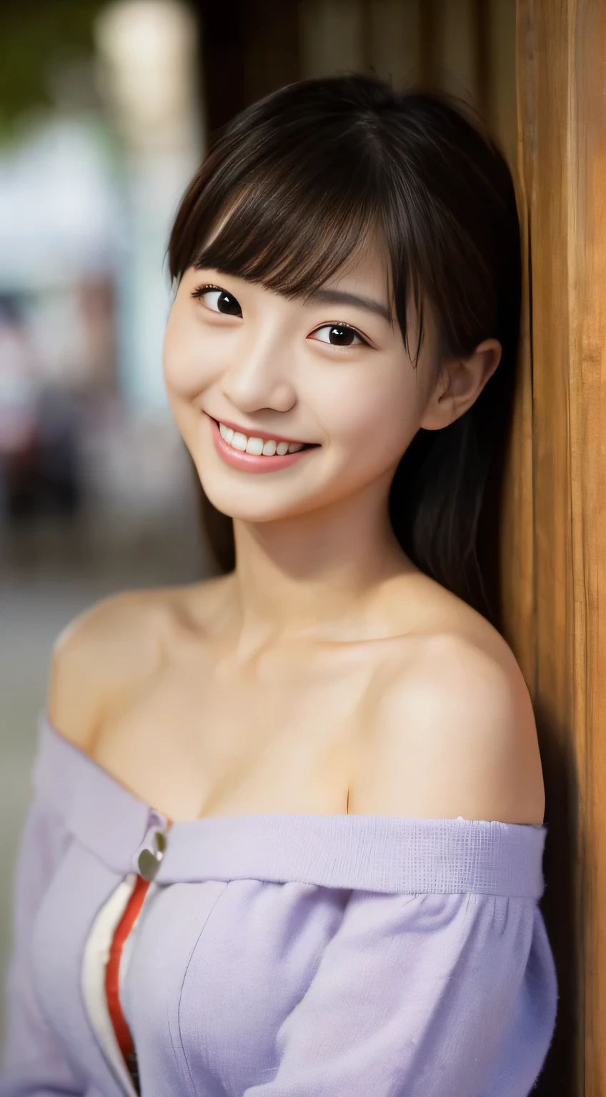 masterpiece,best quality,(Japanese girl),((Beautiful girl)),cleavage,(off shoulder:1.2),(perfect body beauty:1.2),(shy smile),beautiful teeth,From slightly above