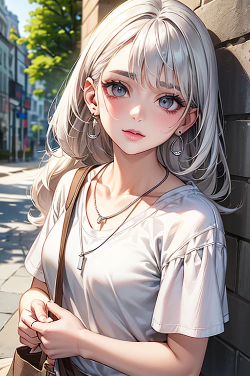 High-quality, ultra-realistic portraits。She has a face that is both cute and pure.、((It has a rounded and gentle contour))。(Eyes are large、Her clear eyes are distinctive、The nose is small and well-formed。Lips in natural color、Modest thickness)。The skin is transparent、Has a healthy glow。Makeup is natural、She uses thin foundation and subtle lip color.。clothing:
- White cotton T-shirt
- Denim shorts
- White sneakers
Accessories:
- A simple silver necklace - Small silver stud earrings - Beige canvas tote bag background:
Cafe terrace in the city、Bright sunshine。The lighting is soft and natural.、Accentuating facial features、Does not emphasize shadows。