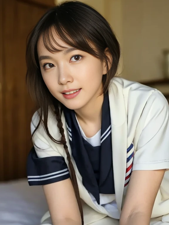 (Masterpiece, Best quality:1.4), (Ultra realistic, Photo-realistic:1.2), Natural light, 25 years old actress, Japanese women, Neat and clean, (Sailor suit, short sleeve suit:1.2), (Dark navy skirt:1.3), (Dark navy ribbon:1.2), (Short wavy hair:1.1), Ponytail, Light brown hair color, (Beautiful Face), Oval face, clear, (Beautiful eyes, Kind eyes), (Clear skin), Small face, (Small mouth), (Beautiful mouth), Natural makeup, Approachable, Luxury hotel Suite room, On bed, Seductive smile, (Seductive pose:1.2), (Beautiful thighs:1.1), (Bedroom eyes), (nsfw:1.1), (nude:1.1), (lesbian couple:1.1), (petting together), obscene reality of girls, (crotch rub:1.1), (White bra:1.1), (open suit:1.2)