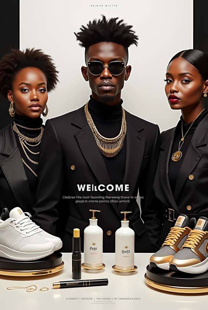 "Hello! I'd like to create an image for the launch of my Shop Biltz WhatsApp channel.Details:Theme: Fashion and BeautyText: 'Welcome to Shop Biltz! 🌟 Exclusive offers, the latest trends, and insider tips await you. Join us today!'Color scheme: Bold and modern with a mix of black, white, and gold.Visuals: Sneaker designs, beauty products like a concealer palette, and a stylish, contemporary vibe.Please make the image eye-catching and aligned with our brand aesthetics. Thank you!"