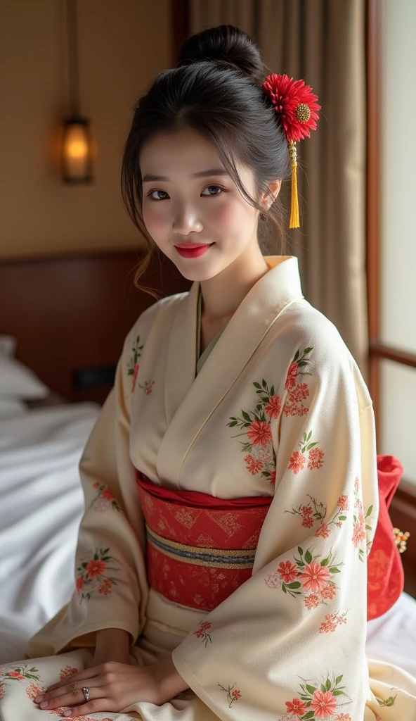 (Highest quality、Tabletop、8k、Best image quality、Award-winning works)、(1 Japanese 25-year-old beauty:1.1)、(Innkeeper:1.1)、(Elegant floral kimono:1.2)、(A kimono with a perfect and precise collar:1.2)、Perfect mature woman portrait photo、Glowing Skin、Standing Elegantly、Glowing White Skin、Very white skin、(Accentuate your body lines:1.1)、(The most graceful posture:1.2)、(Large Breasts:1.2)、(Chignon:1.2)、(Accurate anatomy:1.2)、(Look at me:1.5)、(Sit elegantly on a bed in a luxury inn:1.4)
