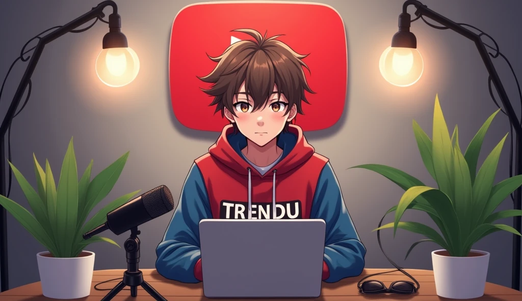"Create an image of 'A 20 years anime boy with brown hair, sitting in front of a laptop with a microphone , wearing red and blue hoodie with the Channel Name on it "TRENDU". The background includes a large YouTube logo on the wall, potted plants on either side, and various recording equipment."