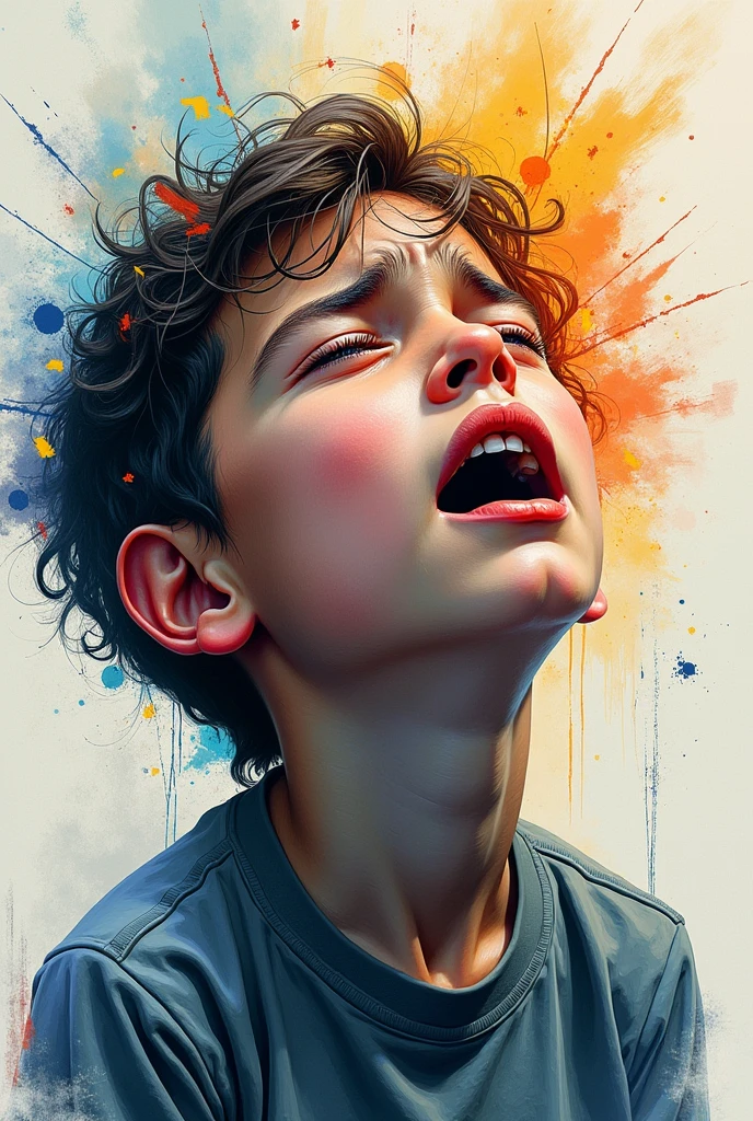 A boy is freaking out.,abstract style Abstractiso,palette knife painting,watercolor,drawing a sick person,crazy style,chaotic image and composition,high saturation colors Al,vibrant colors artistic abstract,Ultra-detailed,Three Different Shots and Actions,Different Color Saturation,Different Composition Angles,High-definition 4k8k,webp size:9:16