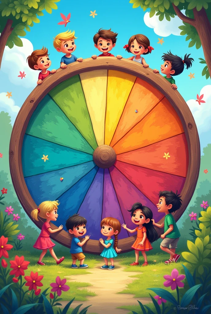 An illustration showing a group of children happily exploring and interacting with a giant color wheel, with each child standing next to a different section of the wheel. (Cartoon)
