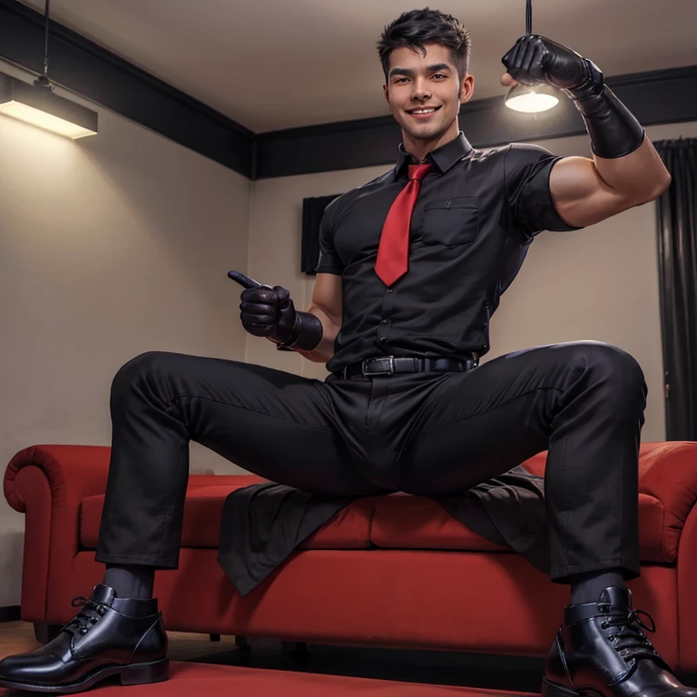 23 years old,One Man,、Handsome。Black Shirt、Red tie、Black jeans、Black gloves、Black work shoes、Dhaka - Fighters、Bedroom、With legs spread on the sofa、,,logic,Gay ,Very short hair、　,Asian Face,、　Handsome　smile　Seen from below