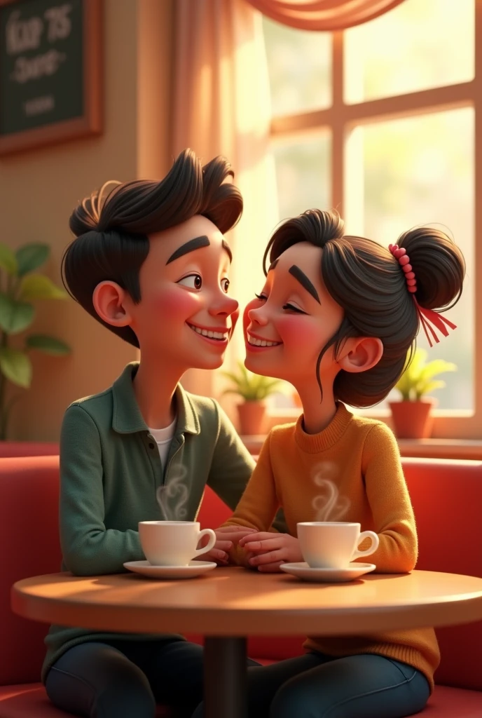 In cinematic 3d cartoon style" Slide 2:
Image: The couple sharing a laugh over coffee.
Text: "Two hearts met and found their rhythm."