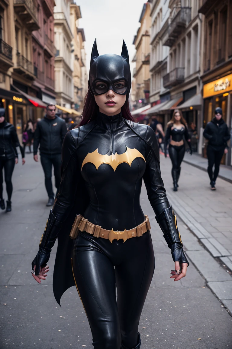 Batgirl y 18 years old body-marked clothes sensual fetish style, walking on the street of gothic city, men looking at realistic photo, masterpiece, ultra hd, ((Batgirl's outfit in red color)), her oiled body, cameltoe, firm bremi large and juicy,