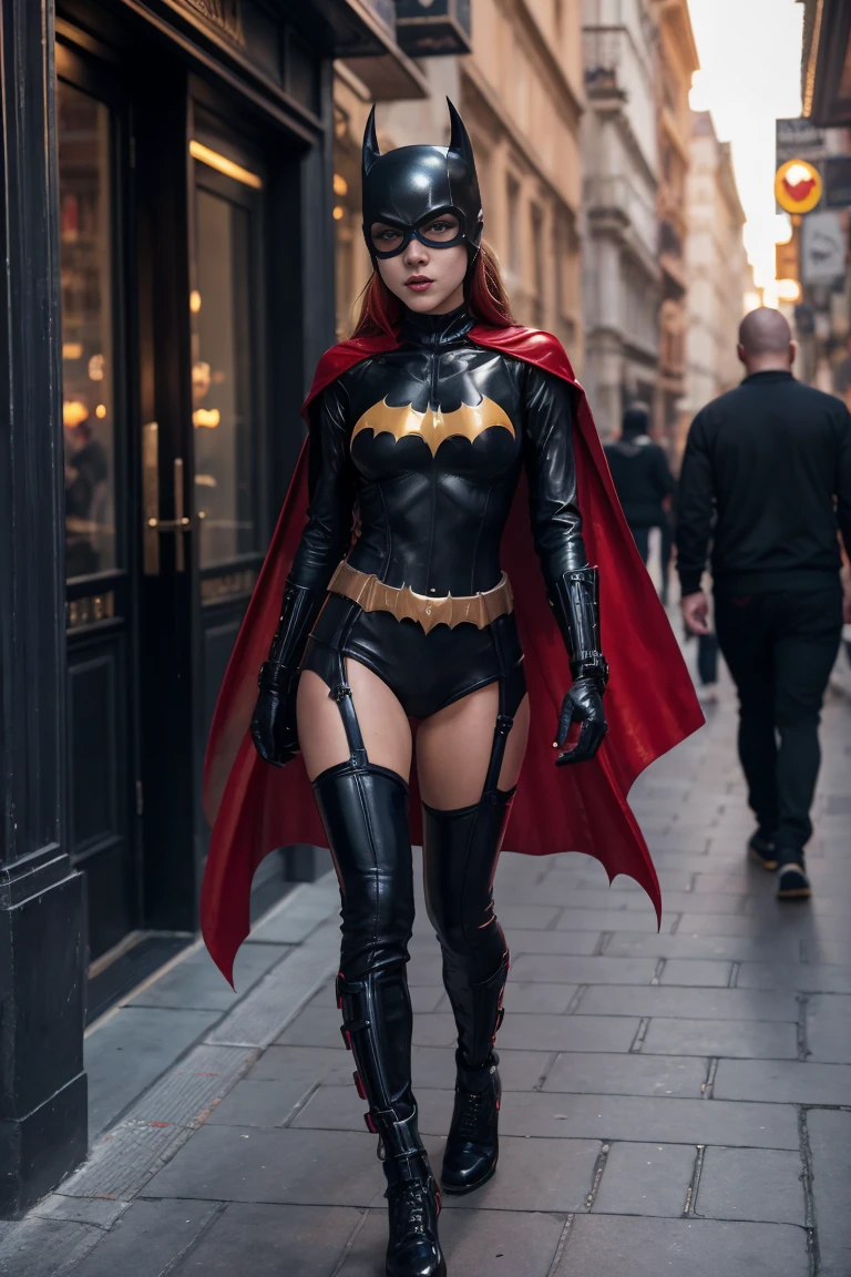 Batgirl sexy 18 years old body-marked clothes sensual fetish style, walking on the street of gothic city, men looking at realistic photo, masterpiece, ultra hd, ((Batgirl's outfit in red color)), her oiled body, cameltoe, firm breasts semi large and juicy,