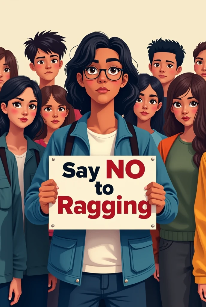 Suggest me a poster with some group of seniors and juniors and one senior at center stand with a poster heading"say no to ragging"