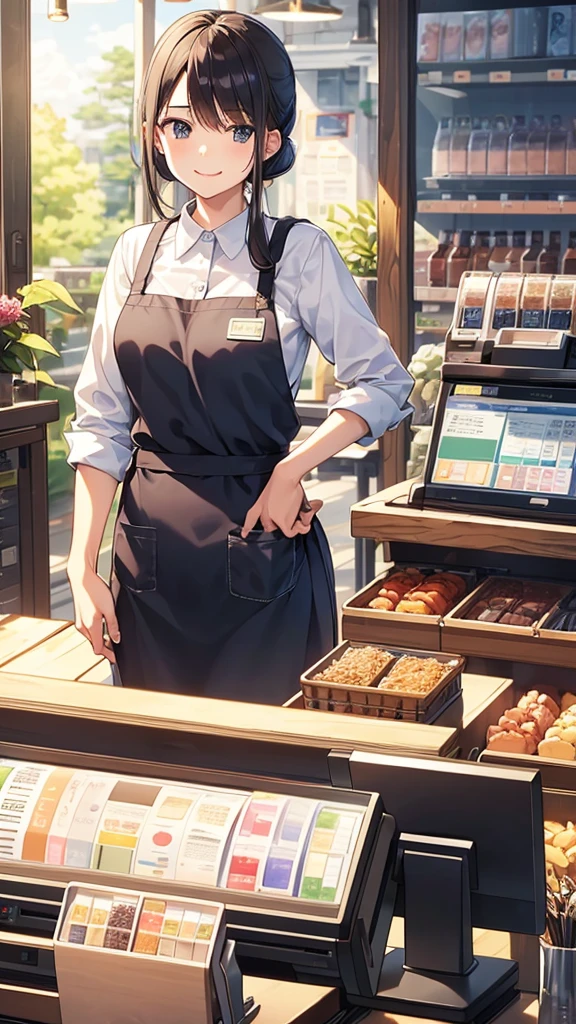 young woman,smile,((Standing inside the cash register)),Touching the cash register machine,Customer Service,((There is a cash register on the table)),(Scanning product barcodes at the cash register)),Supermarket clerk,Wearing an apron,uniform,((Working as a cashier)),((Cashier)),((cashier,register,)),((Receive money from customers)),There are products on the shelves,In the supermarket,Bright interior,grocery store