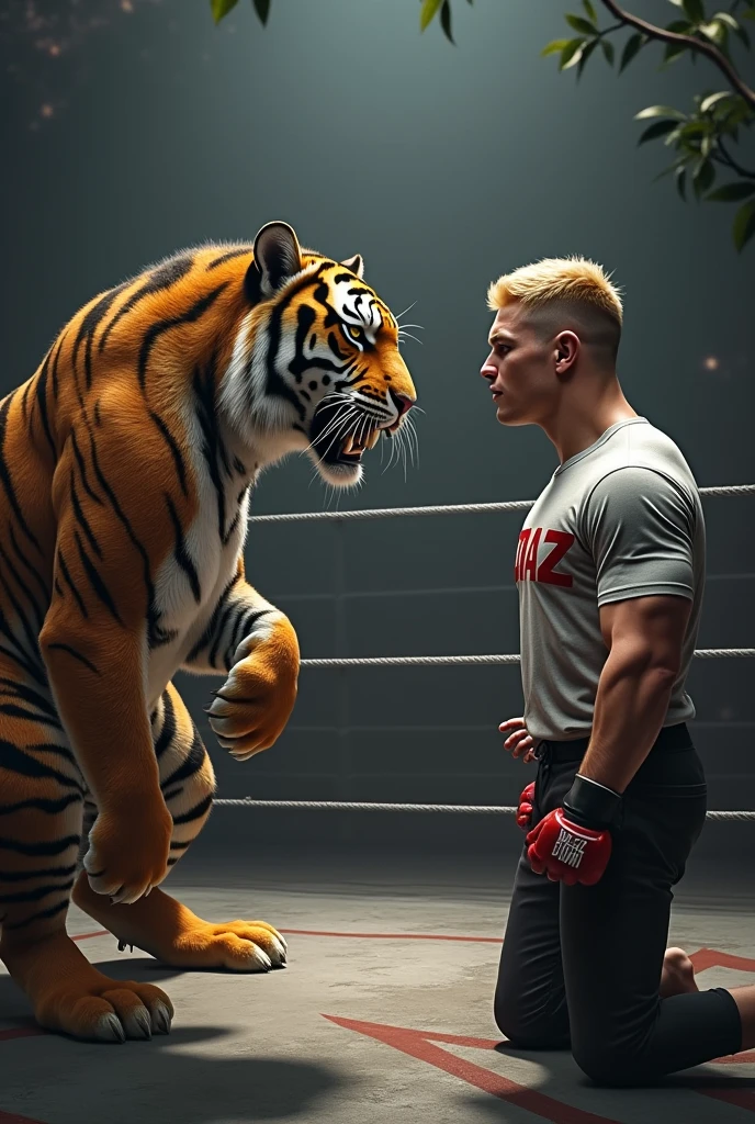 A blonde MMA fighter wearing a shirt that says Diaz, a muscular tiger standing on two legs in an octagon