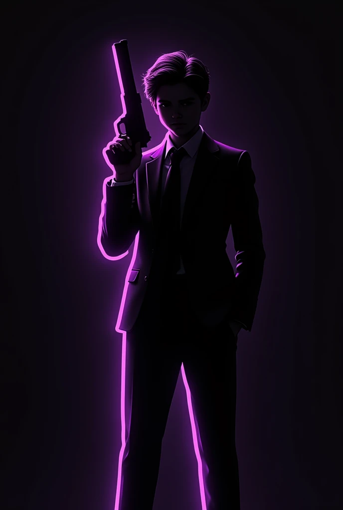 Black and white logo with a purple neon silhouette of a teenager holding a gun, short hair and suit