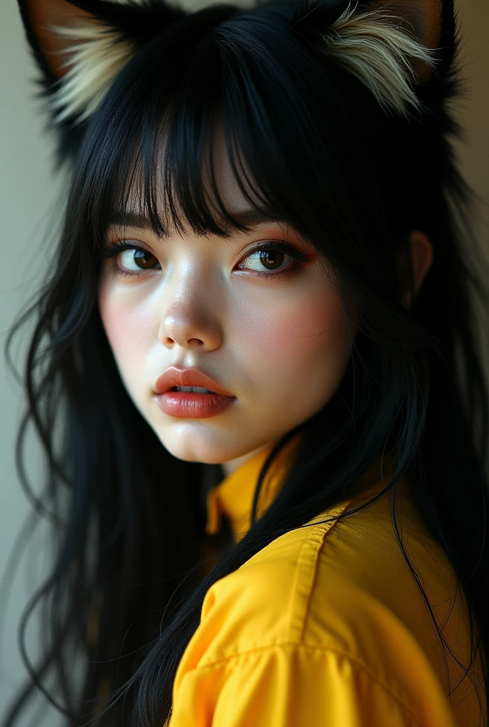   
I am white and yellow, I have black wolf cut hair, fine face,slanted eyes, bad girl face, Full lips and super pretty, the hair a little longer