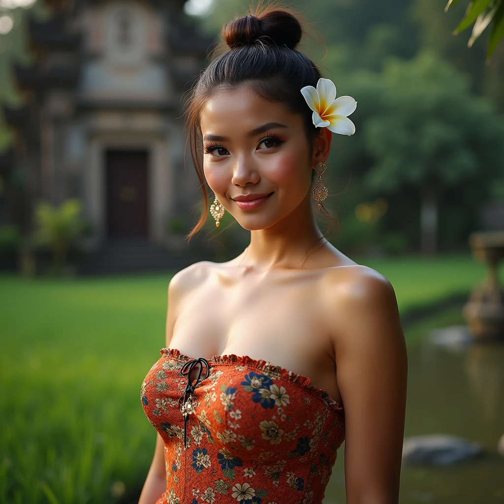 (hyperrealistic photo), exotic indonesian woman, a bit chubby, natural big breasts, a jasmine flower on her ear, tied bun hair, knee-lenght batik tubedress with intricate floral details, looking at the viewer, natural light, wide angle full-body shot, bali temple in the background,