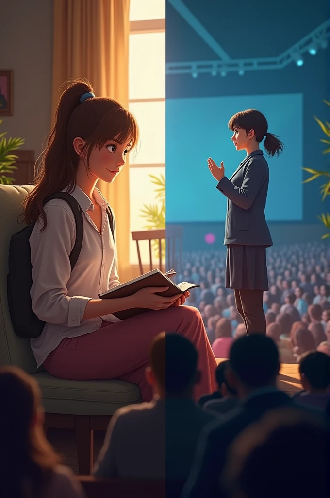 Show a split scene: one side with Anna reading in solitude, the other with her confidently addressing a large crowd, symbolizing her journey from quiet learning to impactful speaking."
