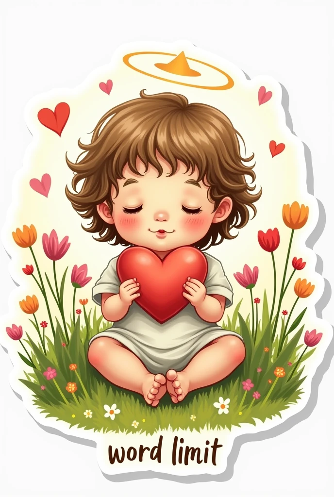 Drawn angel sticker - a  holding a heart,  In the grass
A halo above the head. Flowers
Word" limit" under it