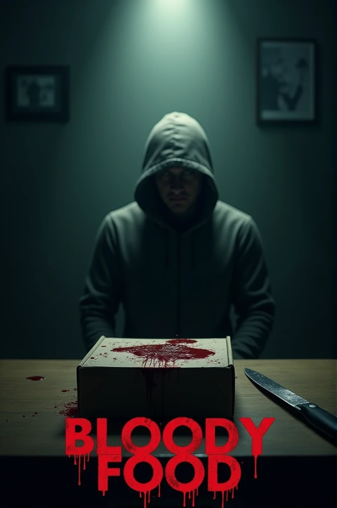 Here’s how you can create the image based on the description:
1. **Background**: Use a dark and moody background to create a suspenseful atmosphere.
2. **Hooded Figure**: Place a person in a hoodie in the image, positioned slightly away so they are not clearly visible. Ensure a beam of light falls on the person from above, making them partially obscured to enhance the mysterious effect.
3. **Table Elements**:
- Add a food delivery box that appears old or spoiled.
- Place a blood-stained knife next to the box.
4. **Text **:
- **Director and Production Info**: Write in small text figure in the background, in a style similar to thriller movie credits: "Directed by Shahriar Rizvi and Toto Action Team. This is a psycho-thriller crime short film. The image is an AI-generated poster for 'Bloody Food,' and there is no connection to reality. Many people are eagerly inquiring about the progress and conclusion of the video. We can say that the work is still ongoing and in the final stages. We are optimistic that the video will be released at the beginning of September!"
5. **Main Title Text**:
- Write bloodyFood" at the bottom of the image.
- Use a dark red font.
- Apply a dripping blood effect to the letters, making it look like blood is dripping from them.