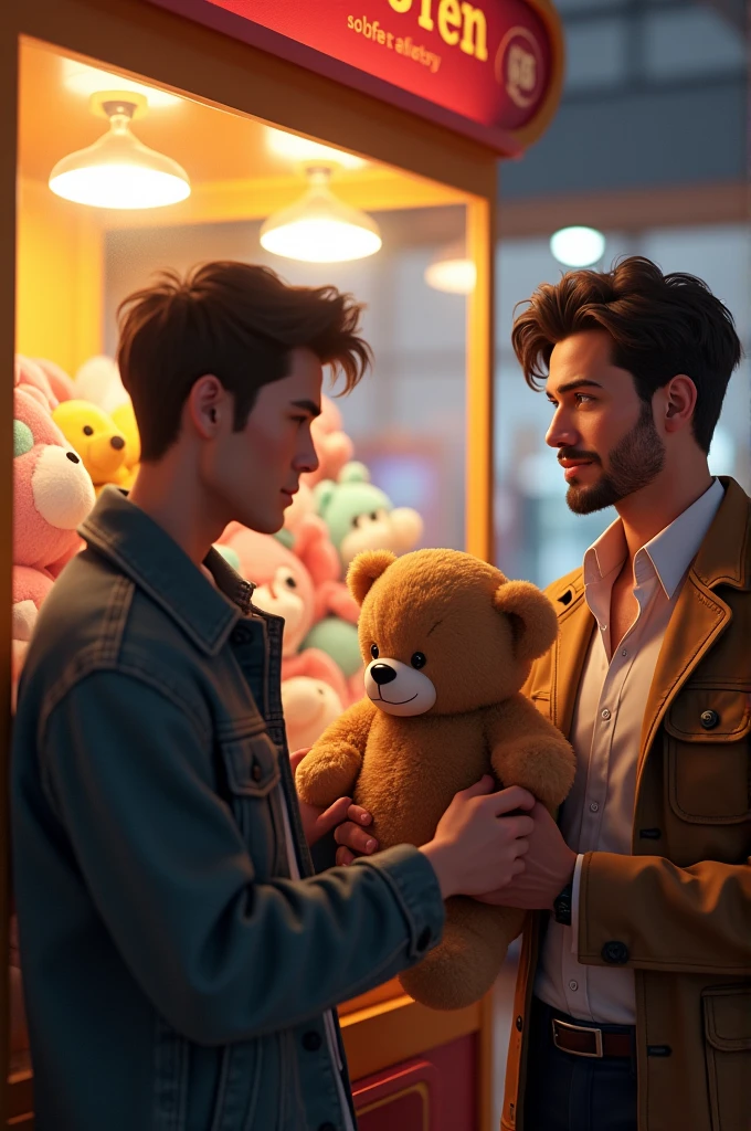 Handsome man, wearing a sport jacket, squat, holding a teddy bear, a man standing next to him, looking at him amazed, they are in front of a claw machine
