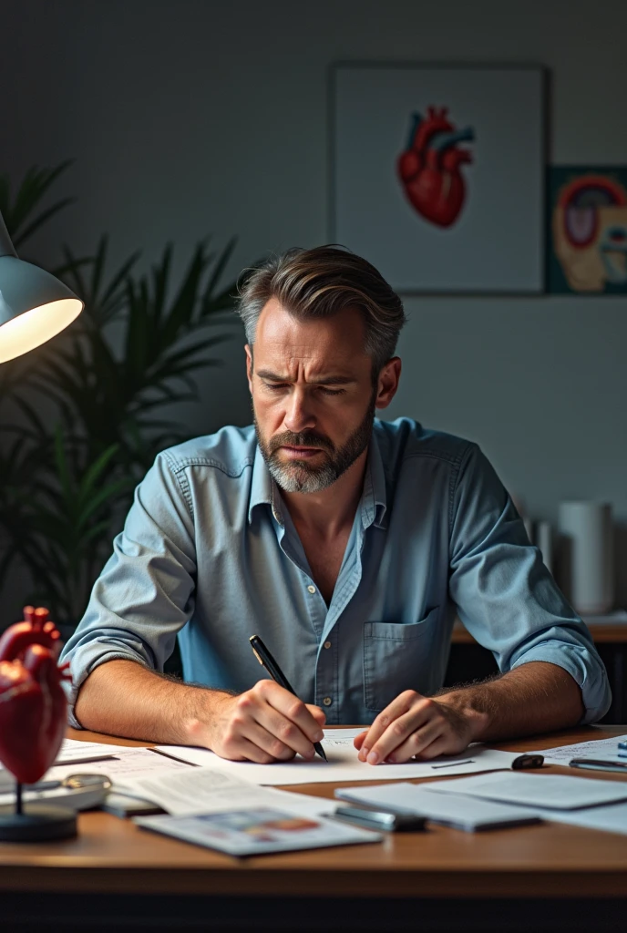 A man taking precautions and prevention of heart attack and writing precautions of heart attack and thinking how we feel pain of heart attack