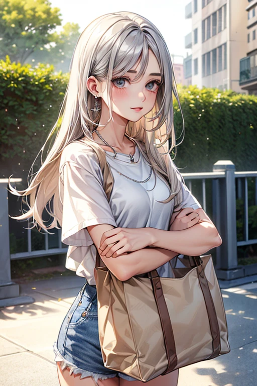 High-quality, ultra-realistic portraits。She has a face that is both cute and pure.、((It has a rounded and gentle contour))。(Eyes are large、Her clear eyes are distinctive、The nose is small and well-formed。Lips in natural color、Modest thickness)。The skin is transparent、Has a healthy glow。Makeup is natural、She uses thin foundation and subtle lip color.。clothing:
- White cotton T-shirt
- Denim shorts
- White sneakers
Accessories:
- A simple silver necklace - Small silver stud earrings - Beige canvas tote bag background:
Cafe terrace in the city、Bright sunshine。The lighting is soft and natural.、Accentuating facial features、Does not emphasize shadows。