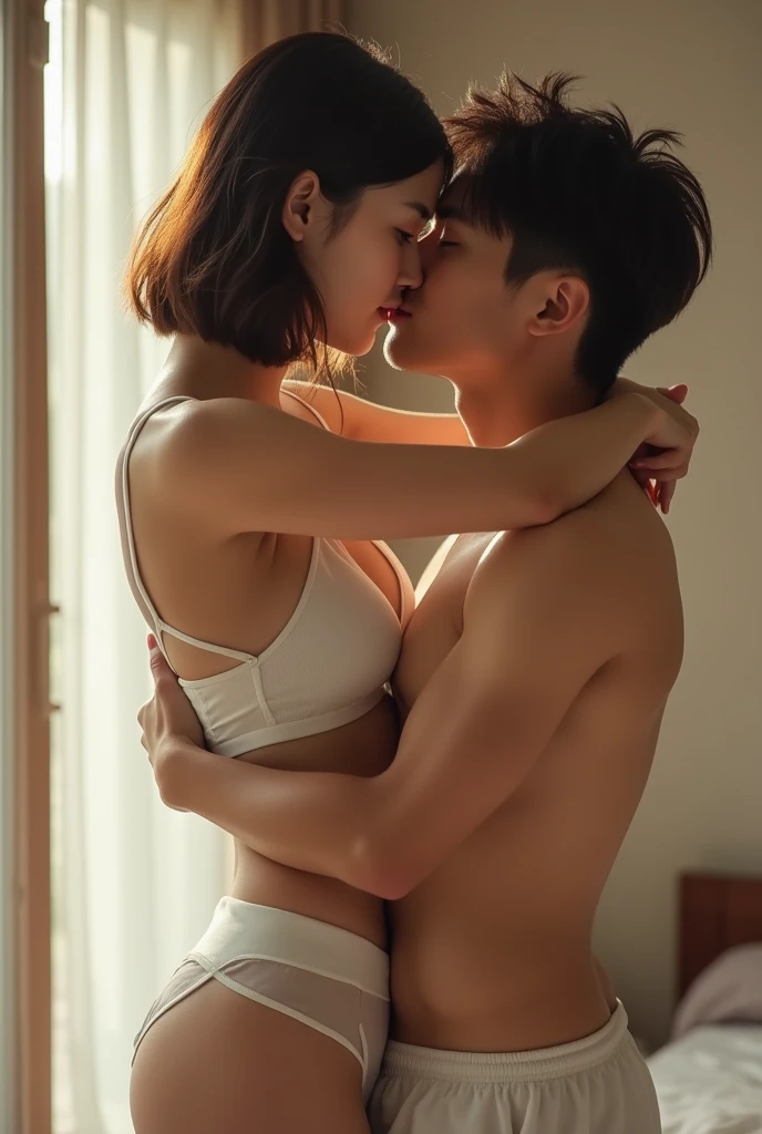Beautiful and cute Asian women,(((perfect anatomy))),French bob hairstyle,Wear a white bra., Wearing white shorts, In the bedroom, the boyfriend and girlfriend are kissing.