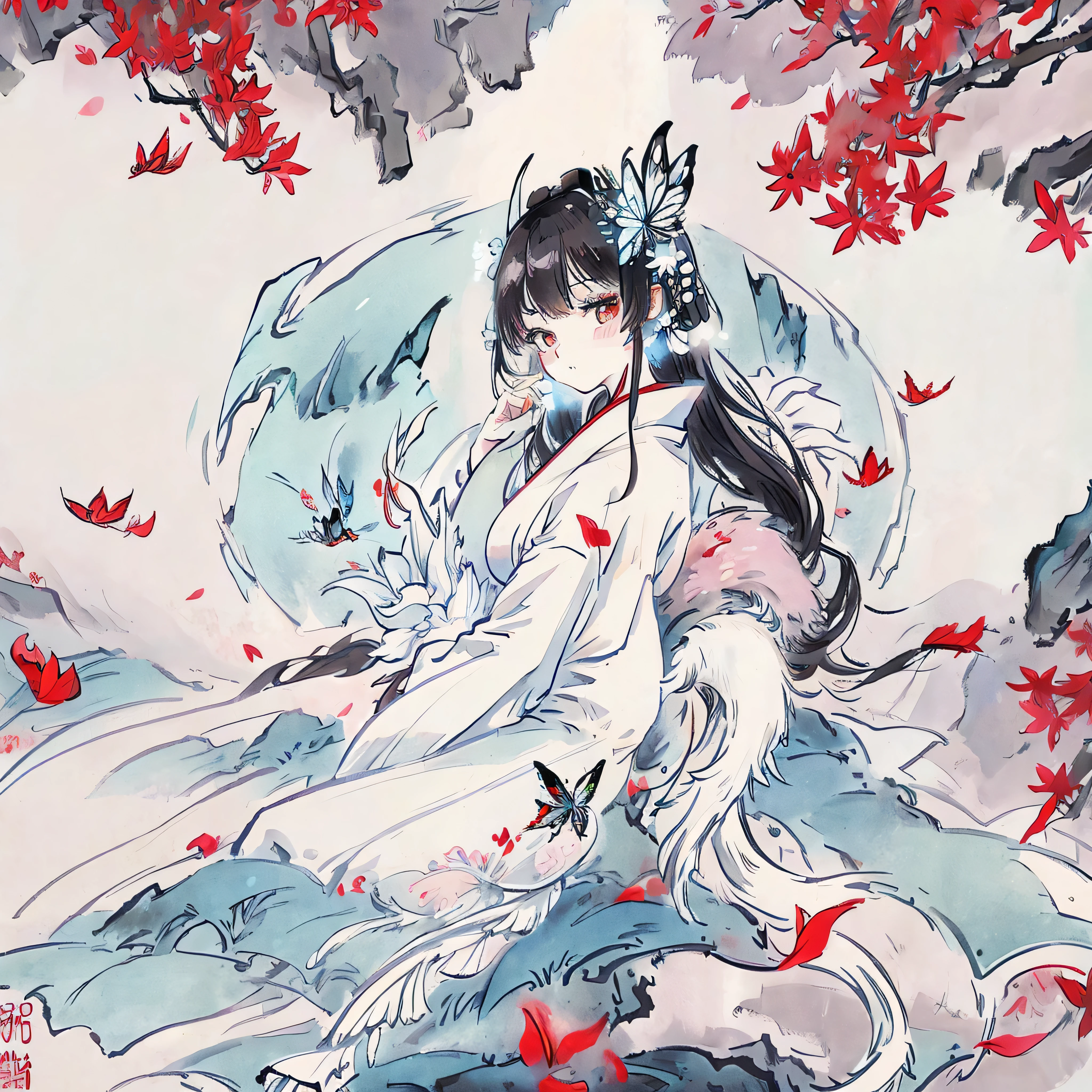 beautiful geisha surrounded by white dragons ,white kimono, black hair, Beautifully Aesthetic,, peace, tranquility, serenity, petals, butterflies, frosty