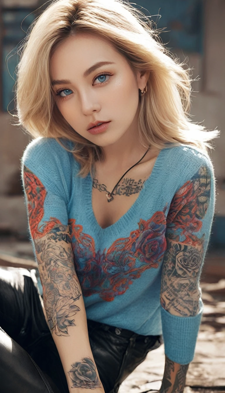 cute -facean, attractive and seductive expression, shy, blonde straight hair, forehead, make-up, blue eyes, superlative body proportion, covered in tattoos, wearing loose knit shirt, tight fitting leather pants, engineer boots, artistic, hyper, graphic CG digital art