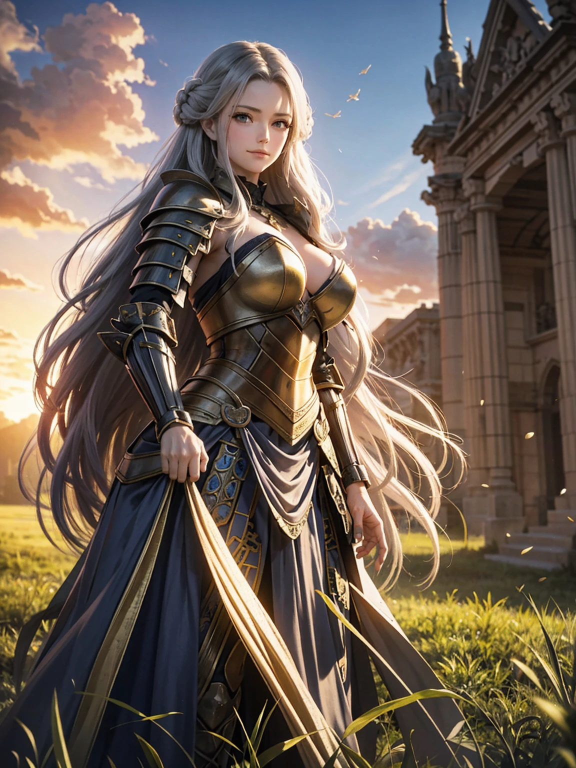 arwen, (ancient armor:1.2), fluttering hair, long wavy hair, long curl hair, (upper body from below:1.2), blush, gentle smile, hands on hip, in grassland, sunrise