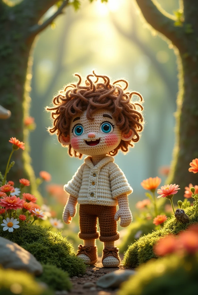 A boy named Bob. He's a 100% handmade crochet boy, living in a fairytale. He has brown messy hair, mid length. Blue eyes. White flannel shirt. Brown pants. He lives in a magical forest. He's a very happy boy. 