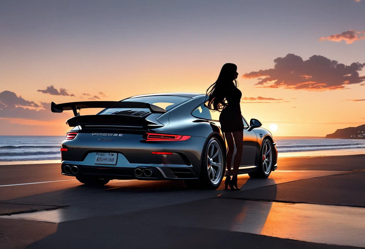 (masterpiece, best quality:1.2), silhouette, Silhouette of a woman and a car against the backdrop of a coastal sunset, The car is a main part of the composition., She is standing right next to the car, looking at the big sunset, her long hair blowing in the wind, the car is Porsche 911, The silhouette of the car stands out, hyper Realistic, Professional photography, Cinema Lighting, Car Photography