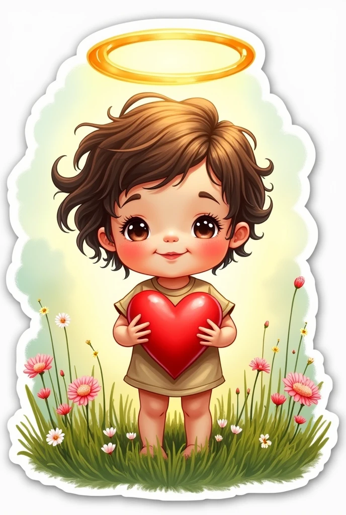 Drawn angel sticker - a child holding a heart, In the grass
A halo above the head. Flowers
Word" limit" under it