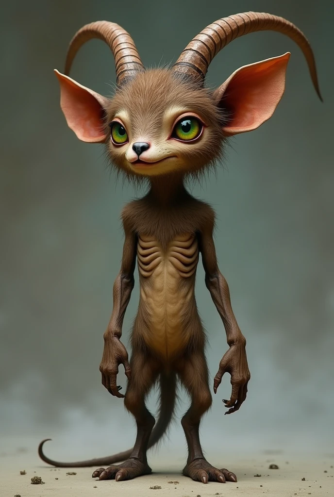 Wide-eyed, green-colored eyes, brown hair, brown face, thin body, visible ribs hanging down, head like a bat, but a big bat, fur like a goat.