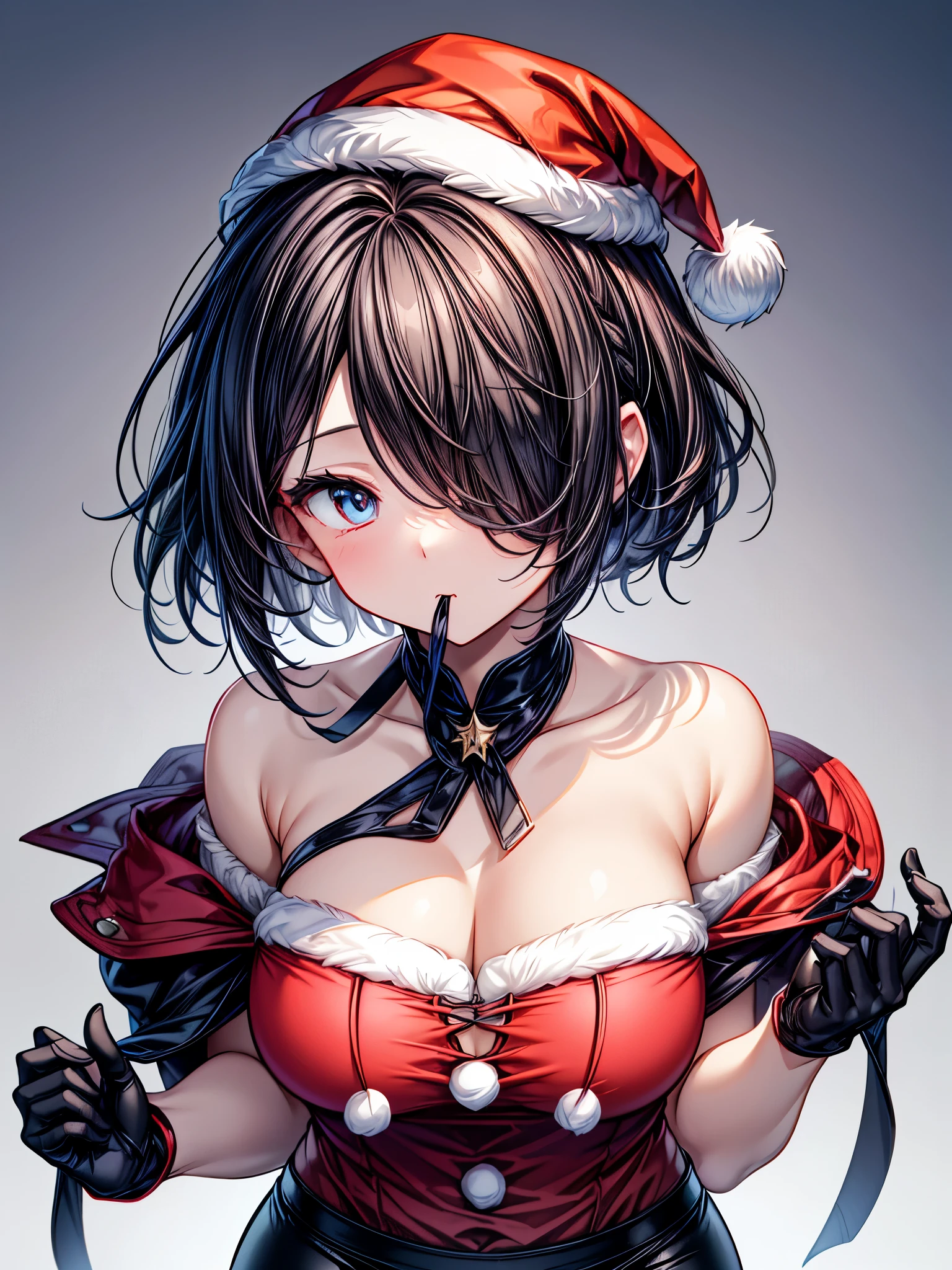 ((footjob)),(With jewel-like eyes)、(lifted tops by self),Has long black hair,(off-shoulder),((Santa Cosplay)),(Black gloves),(Black pants),(panties under pantyhose),(Too much exposure),(Pouting mouth)she has a round body shape。((hair over one eye,long)),micro mini dress,(Smart feet),(Plump upper body),(motion line for orgasm,tomboy