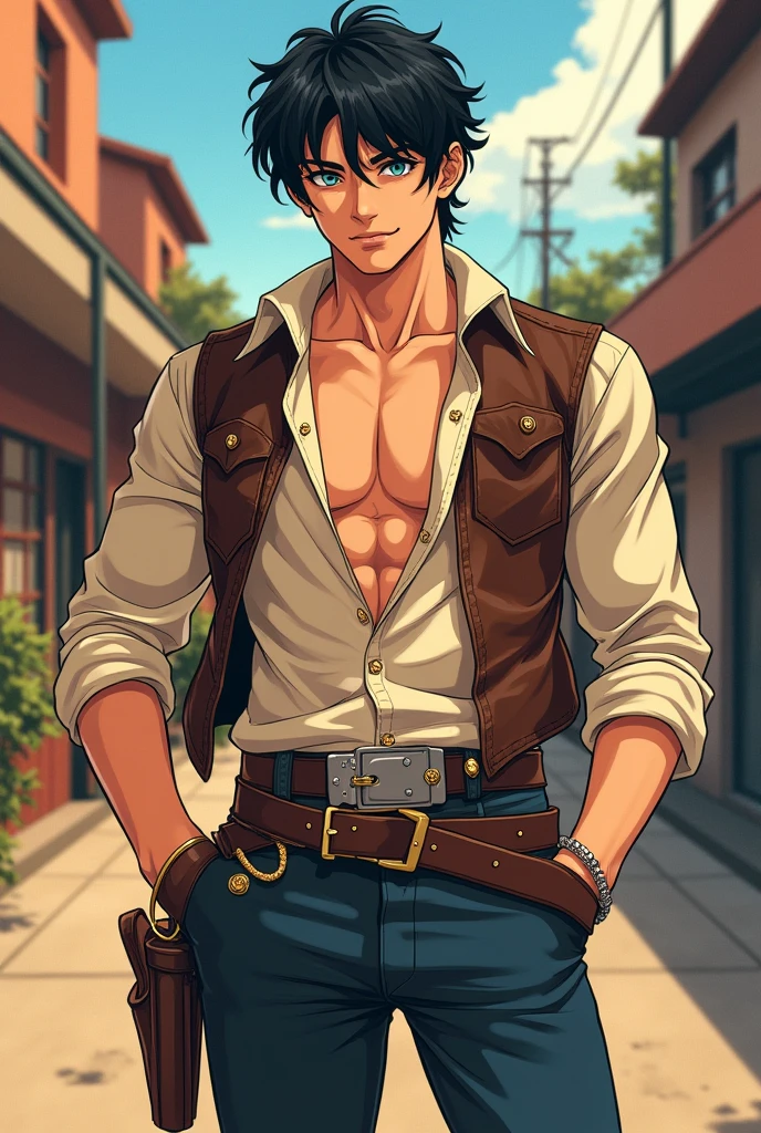 Full body illustration, handsome 25 years old adult man, manga and anime style
of Naoko Takeuchi, Mamoru Chiba or Prince Endymion with blue eyes, short black hair, wearing a cowboy-type outfit from the 1800s, tight pants, leather vest and open beige shirt, broad pectorals and shoulders. Manga art by Naoko Takeuchi and TOEI ANIMATION Studio, 90s retro. High resolution. Vibrant colors.