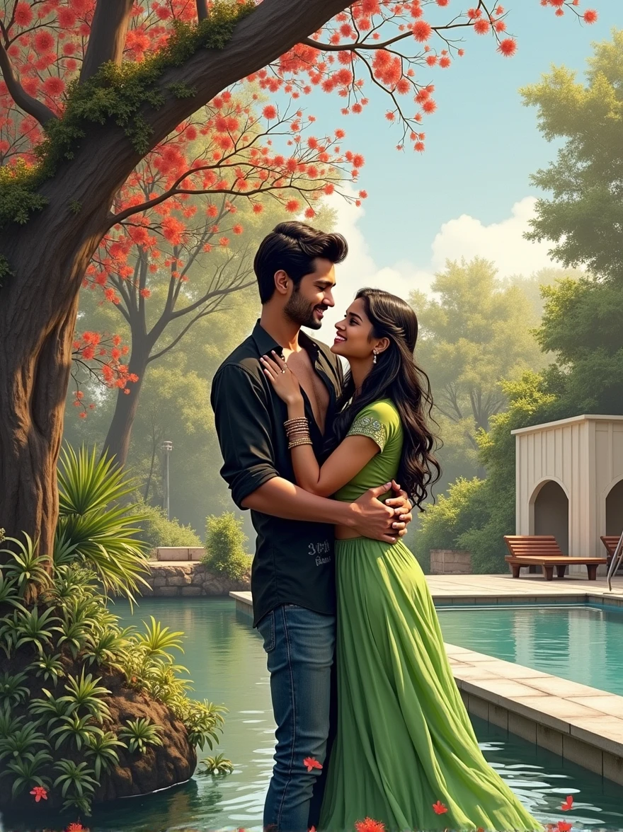 realistic indian 19 Year old cute boy lifting body and 15 year beutifull girl smile in chest to chest in Water with boy wearing black shirt on the river with sunday an water and a on girl wearing green lehenga with  swimming pool background , in shirt written name “Raghav" features, loveng mood, realistic