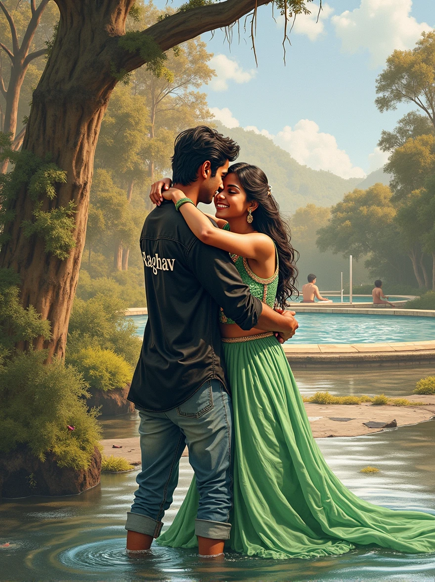 realistic indian 19 Year old cute boy lifting body and 15 year beutifull girl smile in chest to chest in Water with boy wearing black shirt on the river with sunday an water and a on girl wearing green lehenga with  swimming pool background , in shirt written name “Raghav" features, loveng mood, realistic
