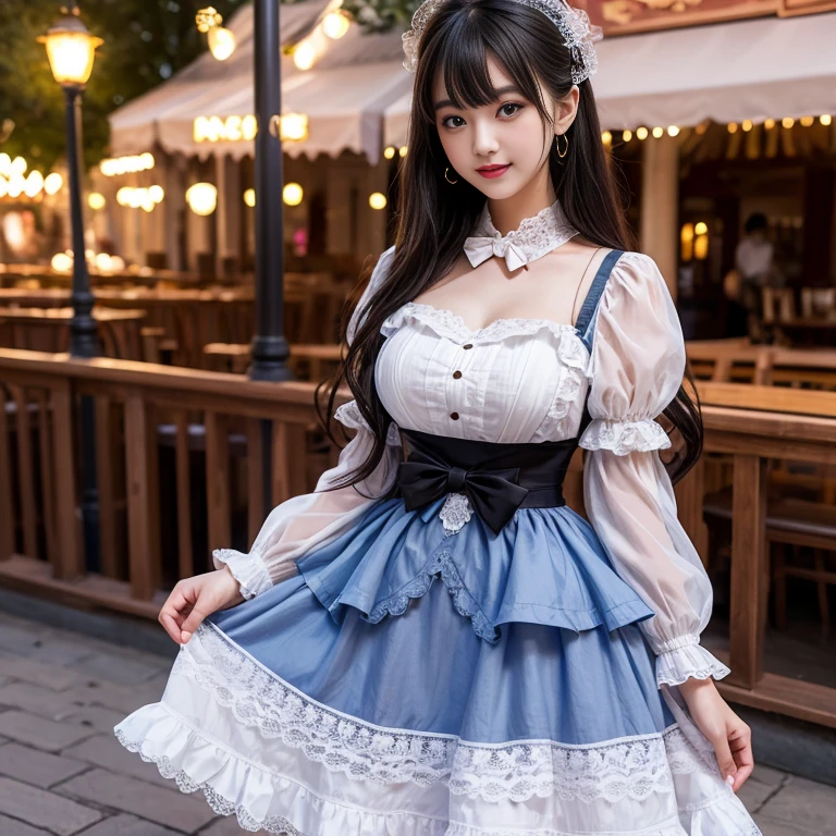 The skirt has a bow at the back of the waist, Skirt length to calf, cupcake dress, Layered skirt with lace on each layer, Wear a LOLITA dress, layered dress, Black lolita skirt, The skirt has a lot of lace, Long sleeve, Wide sleeves, Big skirt, layered lace skirt, Puff sleeves, Wide sleeves, Transparent sleeves, intricate details showcase the ruffles and intricate designs of the Lolita dress, Wearing a lolita dress, in the amusement park, at disneyland, best quality, Delicate face,beautiful visual work, lifelike, eternity, black hair, Long curly hair, blunt bangs, Smile, Detailed Background, Delicate face,blush,cold,((masterpiece))、(top quality)、8k、high detail、Super detailed,41-year-old female, masterpiece、born、Scenes resembling fairy tale illustrations、intricate details和複雜的設計、Beautifully、magic、capricious、 Beautifully、Dream aesthetics、「𝓡𝓸𝓶𝓪𝓷𝓽𝓲𝓬、ethereal、charming、fickle、magic」、realism、Visual effects、FXAA、SSAO、Shader、voiceless、ambient lighting、Tone mapping、High resolution、Ultra high quality、Million pixels、(8K resolution:1.10)、8k、8k以下、8K resolution、high detail、intricate details, (high quality:1.2、masterpiece:1.2、:1.21)、(41-year-old female:1.21)、(興奮地Smile)、(Surrounded by a dreamy atmosphere、Model diagram,full-body shot,Normal 2 feet,Put your hands behind you,The protrusion of the breast is visible when wearing clothes, Large Breasts, H cup chest, Don't show your fingers, full-body shot, full-body shot,full-body shot,full-body shot,full-body shot,full-body shot,full-body shot,full-body shot,hands hidden in clothes, hands hidden in clothes,hands hidden in clothes,hands hidden in clothes,hands hidden in clothes,hands hidden in clothes,hands hidden in clothes,hands hidden in clothes,hands hidden in clothes, ,hands hidden in sleeves ,hands hidden in sleeves ,hands hidden in sleeves ,hands hidden in sleeves ,hands hidden in sleeves ,hands hidden in sleeves ,hands hidden in sleeves ,hands hidden in sleeves, arms behind back, arms behind back, side view, side angle, Each layer of the cake skirt has lace, side view photo, side angle shot, Black and white lolita dress, side view, side view, side view,Side angle, Side angle, in the Disneyland Park