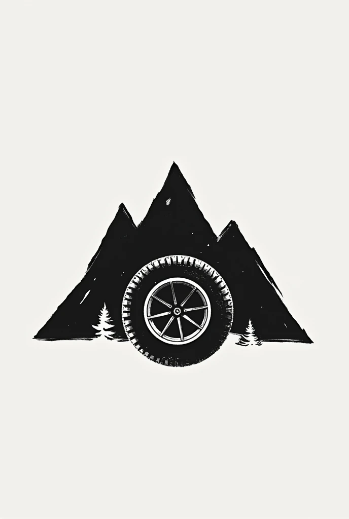 Create a 2D company logo using lines.,A mountain and tire wheel combination form a logo.,Ink style,Minimalist strokes