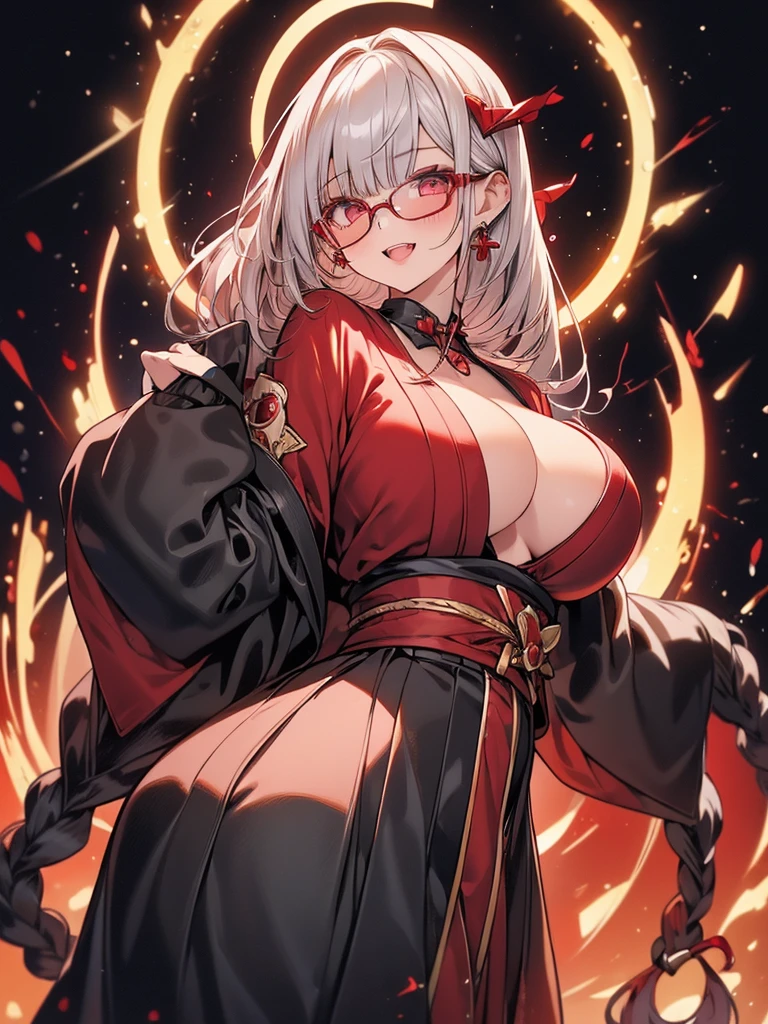 (1girl:1.3), Masterpiece, Best quality, amazing beauty, [[3D]], 4K, absurdres, finely detail, super detailed eye, perfect anatomy, official art, cinematic lighting, Island, silky long hair, long braid, silver hair, super shiny detailed red eyes, big eyes, cute eyes, thick eyebrow, Gazing Upward, open-mouth, full lips, straight teeth, rouge, False eyelashes, red lips, red round cell frame glasses, piercing, excited face, big breasts, tall, medium, gloss skin, nibble at bread, from behind,kimono, heart style sunglass,