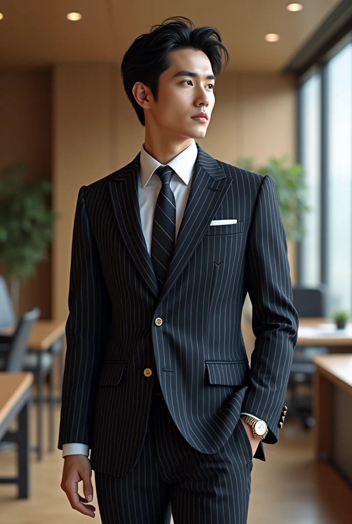 36-year-old fresh and handsome new employee、 (Super handsome guy in S-class suit)、 Japanese 36-year-old man、 merchant、 ultra luxury suit、 striped suit、 office、 Stand up in a suitSYoung handsome man、 Full body image、 (CG Unity 8K high-detail photos)、 (Very detailedSHandsome guy in class)、 (Photo real)、 ((Top quality))、 Ultra Detailed、 (masterpiece)、 Ultra-high quality、 High、 Viewer、 gentleman、 very beautiful hair、 bright photos、 As handsome as a model、 As handsome as an idol、 luxury watch,