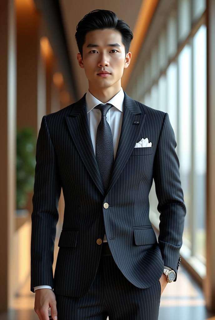 36-year-old fresh and handsome new employee、 (Super handsome guy in S-class suit)、 Japanese 36-year-old man、 merchant、 ultra luxury suit、 striped suit、 office、 Stand up in a suitSYoung handsome man、 Full body image、 (CG Unity 8K high-detail photos)、 (Very detailedSHandsome guy in class)、 (Photo real)、 ((Top quality))、 Ultra Detailed、 (masterpiece)、 Ultra-high quality、 High、 Viewer、 gentleman、 very beautiful hair、 bright photos、 As handsome as a model、 As handsome as an idol、 luxury watch,