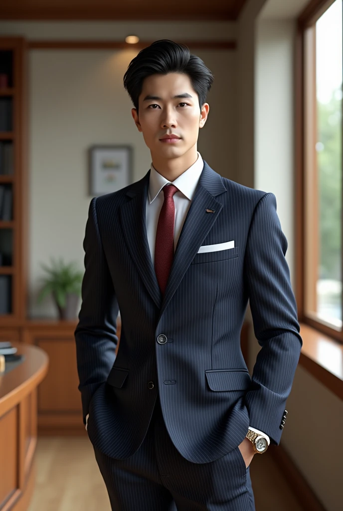 36-year-old fresh and handsome new employee、　（Super handsome guy in S-class suit）、　Japanese 36-year-old man、　merchant、　ultra luxury suit、　striped suit、　office、　Stand up in a suitＳYoung handsome man、　Full body image、　（CG Unity 8K high-detail photos）、　（Very detailedＳHandsome guy in class）、　（Photo real）、　　（（Top quality））、　Ultra Detailed、　（masterpiece）、　Ultra-high quality、　High、　Viewer、　gentleman、　very beautiful hair、　bright photos、　As handsome as a model、　As handsome as an idol、　luxury watch,