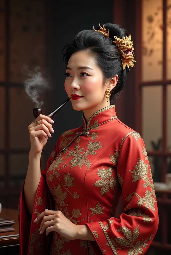 Female Boss,60 years old,grace,cheongsam,slightly plump figure,Smoking a pipe,Dragon hair ornament